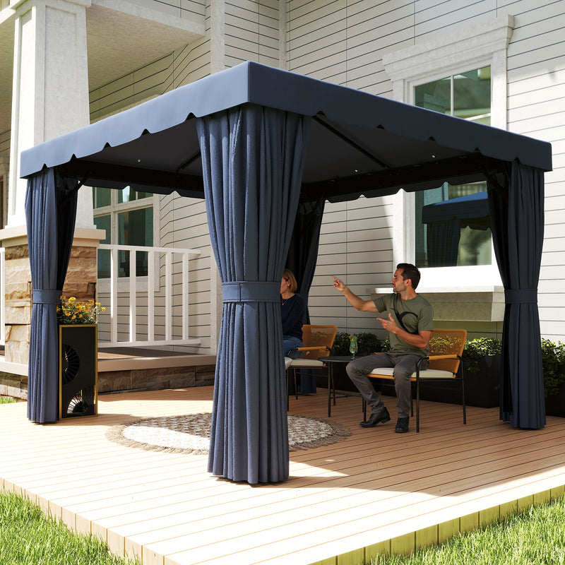 10' x 10' Deck Gazebo with Curtains & Mesh Screen Drapes, Double Roof Canopy Polyester Shade for Backyard Garden, Dark Blue