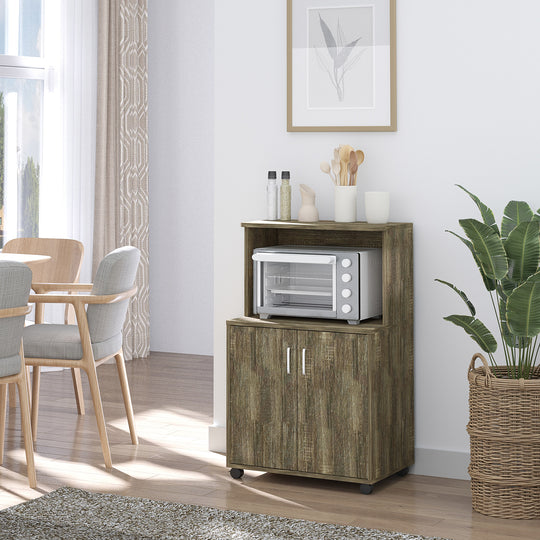 Microwave Cart on Wheels Utility Trolley Storage Sideboard Bookcase with 2-door Cabinet, Grey Wood Grain