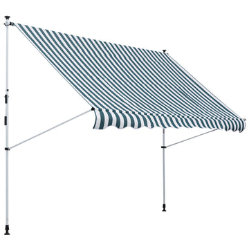 10x5ft Manual Retractable Awning, Patio Sun Shade Canopy Shelter with 5.6-9.2ft Support Pole, Water Resistant UV Protector, for Window, Door, Porch, Deck, Green