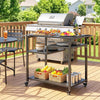 Outdoor Grill Cart, BBQ Stand, Three-Shelf Pizza Oven Stand with Hooks, Garbage Bag Holder, Wheels, Black