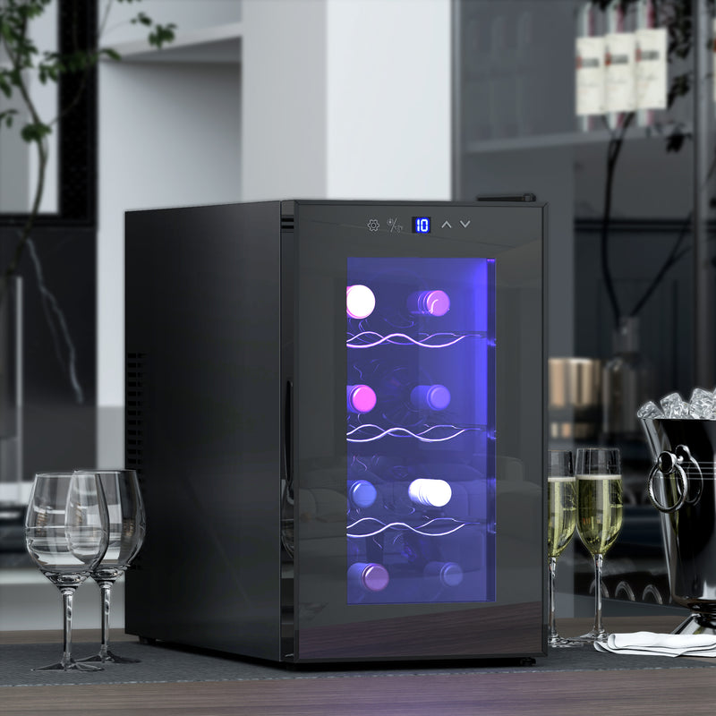 Wine Fridge, 12 Bottle, Under Counter Drinks Beer Wine Cooler with Glass Door, LED Light, Temperature Control