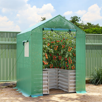 Greenhouse with Raised Garden Bed, Galvanized Metal Planter Box with PE Cover, Roll Up Door, 56