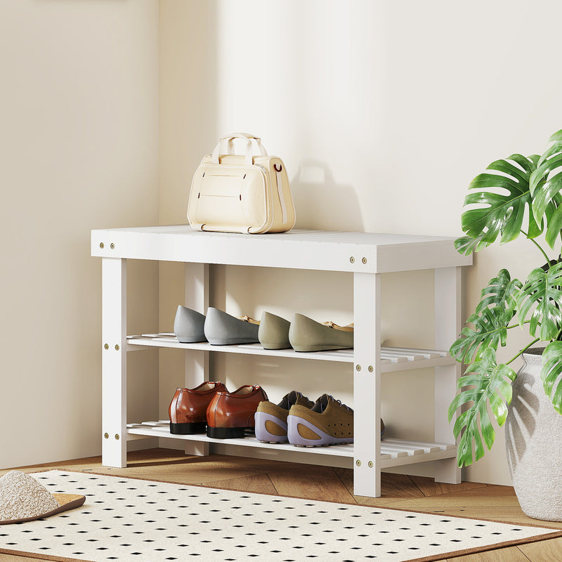 Bamboo Shoe Storage Bench, 3-Tier Entryway Bench with 2 Storage Shelves for Hallway, Holds 6 Pairs, White