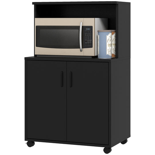 Chariot de micro-ondes sur roulettes, buffet de rangement utilitaire avec armoire à 2 portes, grain de bois noir