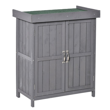 Wooden Garden Tool Storage Shed Kit with Hinged Roof, 2-Tier Shelves and Double Doors, 74x43x88cm, Dark Grey