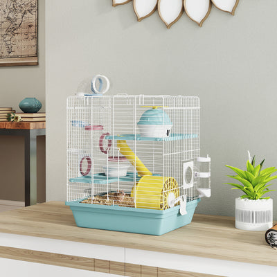 3-Level Hamster Cage with Exercise Wheel, Play Tube, Water Bottle, Food Dish, Hut, Ladder, Blue