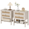 Set of 2 Boho Bedside Tables, Rattan Nightstands with 2 Drawers, Storage Shelf, End Side Tables for Bedroom, White Oak
