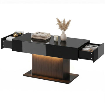 Table basse à DEL avec rangement, table de centre moderne très brillante avec 2 tiroirs et télécommande pour salon, noire