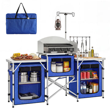 Aluminum Camping Kitchen, Portable Folding Camping Table with Fabric Cupboards, Windshield, Bag for BBQ, Picnic, Blue