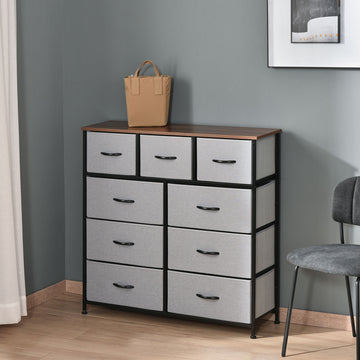 Commode de chambre à 9 tiroirs, tour de rangement à 4 niveaux en tissu, haute commode de rangement avec cadre en acier et plateau en bois pour placards, chambre d'enfant, gris