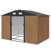 9.1'x6.4'x6.3' Garden Storage Shed w/ Foundation Kit Metal Tool Storage House w/ Double Doors, Teak Wood Effect