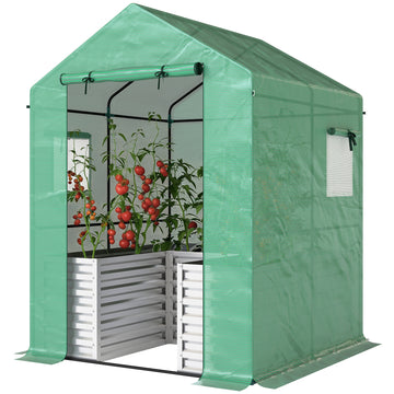 Greenhouse with Raised Garden Bed, Galvanized Metal Planter Box with PE Cover, Roll Up Door, 56