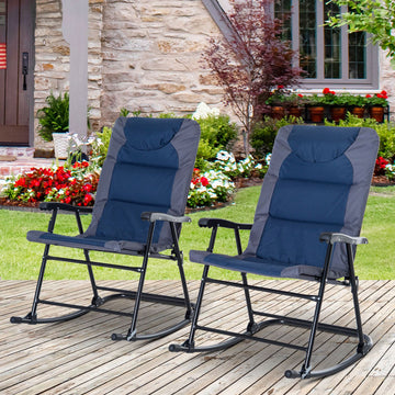 Folding Rocking Chair Set of 2 Padded Rockers with Armrest, Navy Blue