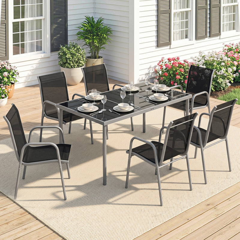7 Piece Garden Dining Set, Garden Furniture Set with Rectangle Table and 6 Stackable Chairs, Silver And Black