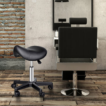 Saddle Stool, PU Leather Rolling Stool with Wheels, Adjustable Salon Chair for Kitchen, Salon Spa, Bar, Home Office, Massage, Black
