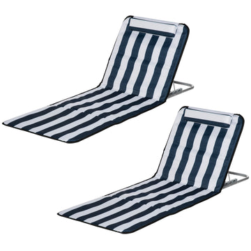 2 Pieces Beach Lounge Chair, Outdoor Folding Chaise Lounge Set w/ Pillow for Sunbath, Snap, Blue and White