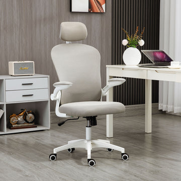 Office Chair, Mesh Computer Desk Chair with Adjustable Headrest, 4D Lumbar Support, Flip-up Arm, Grey