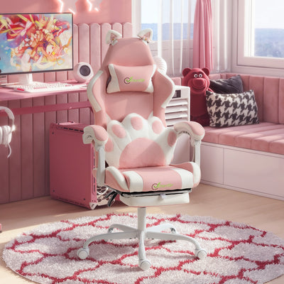 Cute Gaming Chair with Cat Ears, Gamer Computer Chair with Lumbar Support, Footrest, Headrest, Faux Leather, Pink