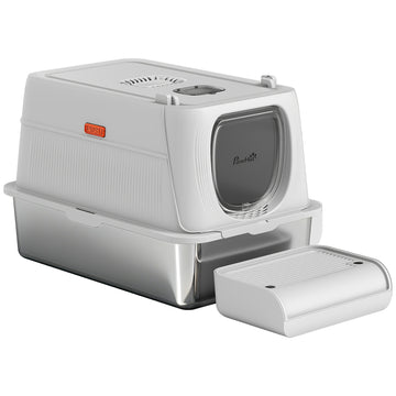 XL Stainless Steel Cat Litter Box, Kitty Litter Box with Flip Cover, Pedal, Deodorizer, for Big Cats