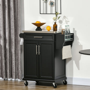 Kitchen Island with Stainless Steel Top, Rolling Kitchen Cart on Wheels with Storage Drawer, Cabinet, Towel Rack and Spice Rack (Black), Black