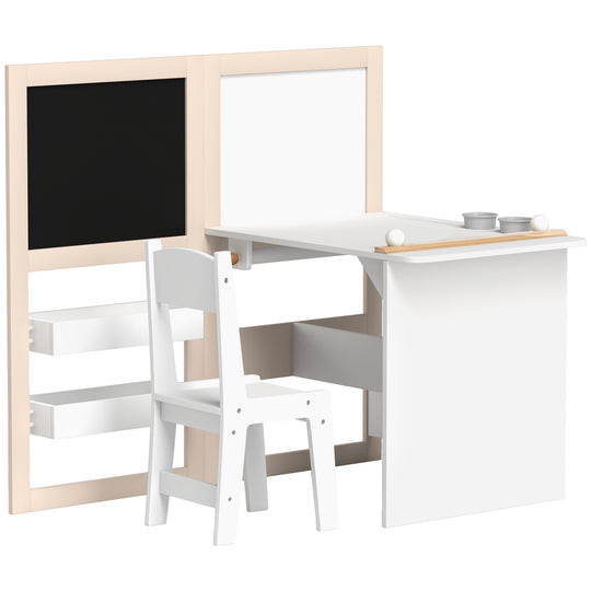 3 in 1 Kids Table and Chair Set with Foldable Easel, Storage Shelves, Roll Paper, White