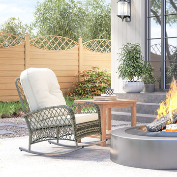 Rattan Rocking Chair, Outdoor Wicker Patio Rocker Chair Furniture with Thick Cushions, for Garden Backyard Porch, Khaki