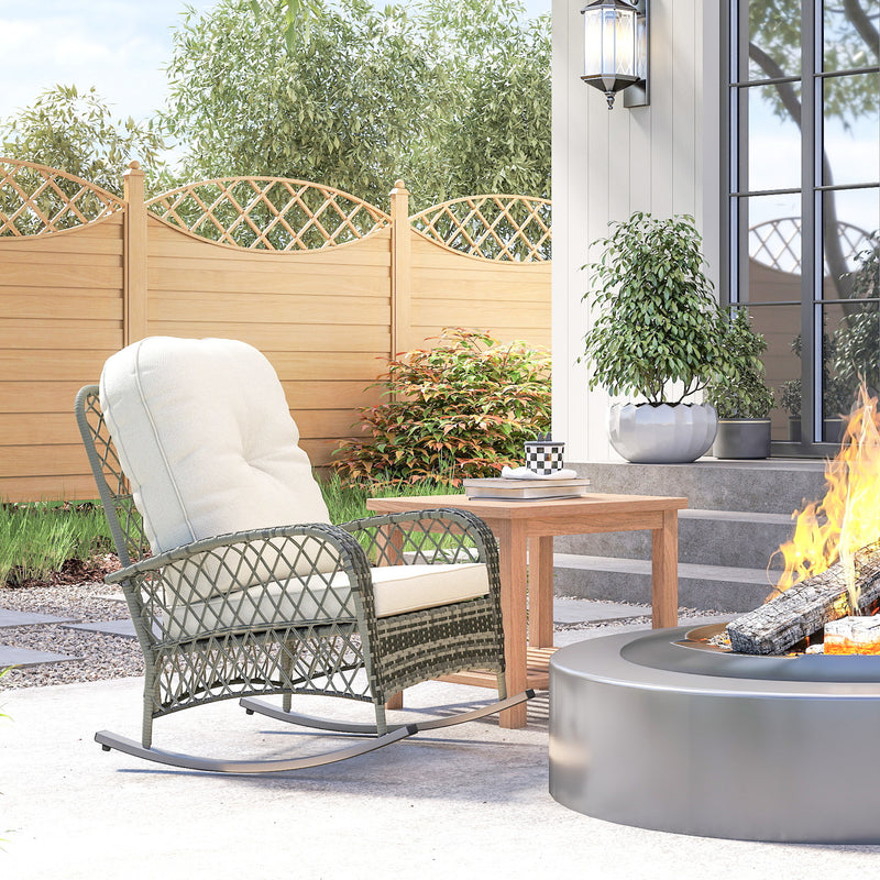 Rattan Rocking Chair, Outdoor Wicker Patio Rocker Chair Furniture with Thick Cushions, for Garden Backyard Porch, Khaki