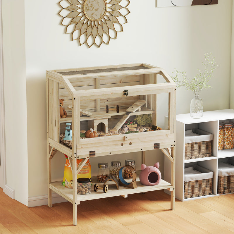 Wooden Hamster Cage with Openable Top, Water Bottle, Transparent Panels for Syrian, Dwarf Hamsters and Gerbils, Natural