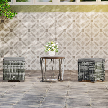Set of 2 Wicker Ottoman, Outdoor Footstool with Storage & Removable Cushions for Poolside, Patio, Deck, Grey