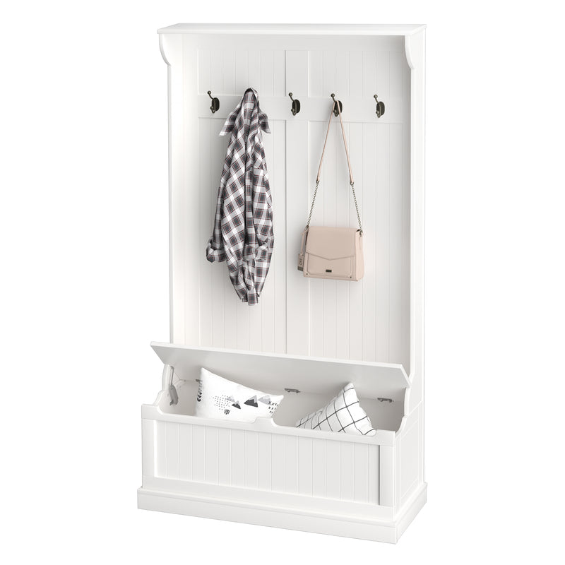 3-In-1 Hall Tree w/ Coat Rack, Shoe Storage and Bench Seat, Entryway Bench w/ 4 Hooks for Hallway, Living Room, White
