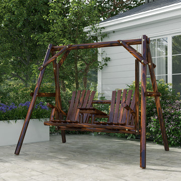 Wooden 2-Seat  A-Frame Porch Swing Rustic Patio Bench Outdoor Furniture  w/ Table