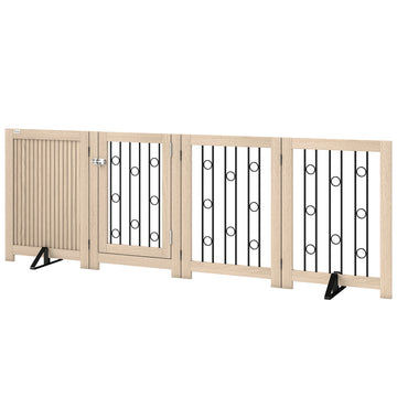 reestanding Dog Gate, Wooden Foldable Pet Gate with 4 Panels, Walk-Through Door, Support Feet, Non-Slip Mats