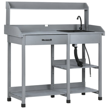 Potting Bench Table Garden Work Bench Workstation with Drawer, Removable Sink and Hooks, 45.3