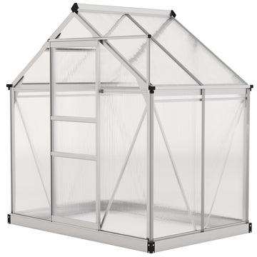 Greenhouse Garden, Green House, Outdoor Greenhouse Kit, PC Board with Sliding Door, 6.2' x 4.3' x 6.6', Silver