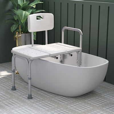 6-Level Adjustable Bath and Shower Transfer Bench Aluminum Chair with Non-Slip Feet, Armrest & Backrest White