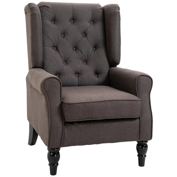 Fabric Accent Chair, Button Tufted Armchair, Upholstered Modern Living Room Chair, Wingback Chair with Wood Legs, Rolled Arms, Thick Padding for Bedroom, Brown