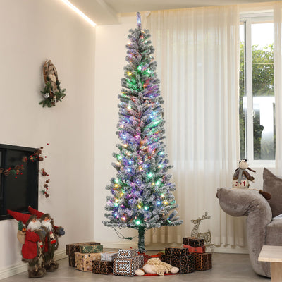 7.5ft Prelit Pencil Artificial Christmas Tree, Flocked Xmas Tree with Remote, Dual Colour LEDs, 519 Tips, Metal Stand