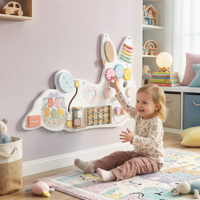 Easter Bunny Busy Board, Wooden Wall-Mounted Montessori Sensory Toys, Gift for Girls Boys for 1.5-6 Y, White