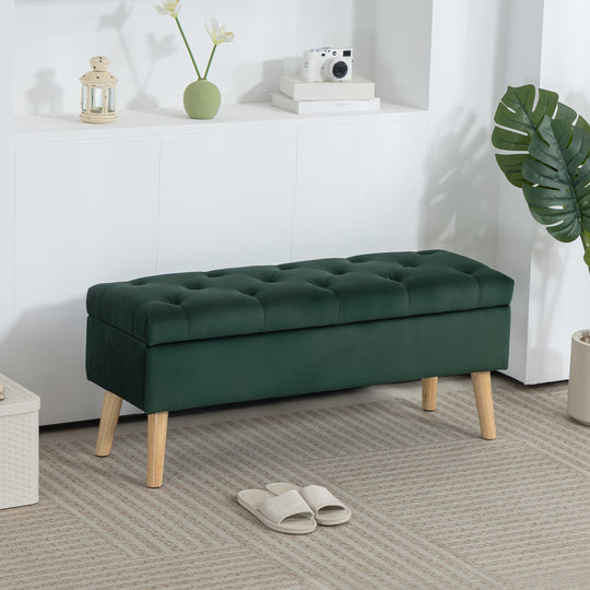 Storage Ottoman with Lid, Velvet Upholstered Storage Bench with Wood Legs for Living Room, Dark Green