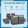 9 Pieces Wicker Patio Dining Set Outdoor Furniture Set with Removable Cushions, Glass Top Dining Table, Ottomans, PE Rattan Conversation Set for Garden Poolside, Grey