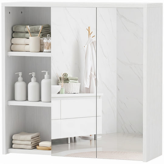 Bathroom Medicine Cabinet with Mirror, Wall Mount Mirror Cabinet with Open Shelves, White Wood Grain