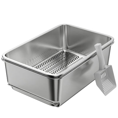 Stainless Steel Litter Box, XL Sifting Cat Litter Box for Medium and Large Cat, Non-Sticky, Odour Free, Easy Clean