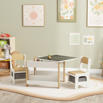 Qaba 3 Piece Kids Table and Chair Set with Reversible Tabletop, Blackboard, Storage, Bookshelf, for Playroom, Nursery Natural