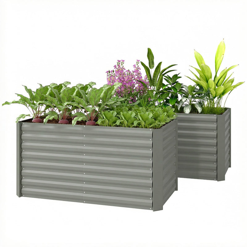 Set of 2 Galvanized Metal Planters for Outdoor Plants, 4' x 2' x 2' Raised Garden Bed, Distressed Dark Brown