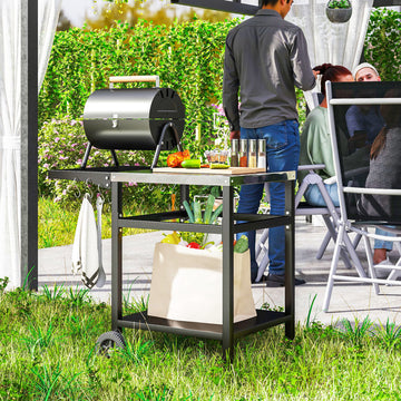 Outdoor Grill Dining Cart with Stainless Steel Top and Foldable Side Table, BBQ Movable Pizza Oven Stand Food Prep Table Trolley with Hooks Shelf Cover, Black