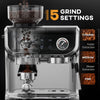15 Bar Coffee Maker Espresso Machine with Grinder Milk Frother Stainless Steel Espresso Maker for Cappuccino Latte Black