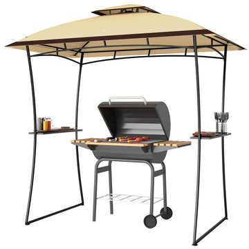 8' x 5' Outdoor Grill Gazebo, Double Tiered Barbecue Grill Gazebo Shelter with 2 Side Shelves and Hook, Beige