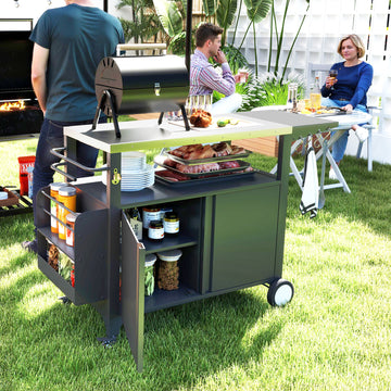 Outdoor Grill Cart with Foldable Side Table, Stainless Steel Tabletop, Pizza Oven Stand with Storage Rack, Wheels