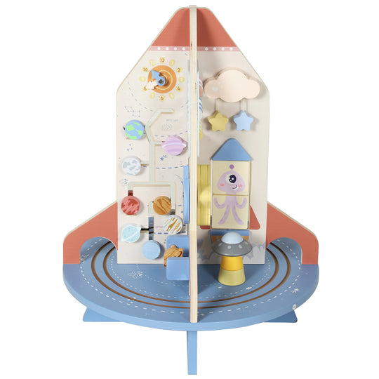 Wooden Activity Cube, Rocket Theme Educational Toys with Shape Sorter & Bead Maze for Toddlers 24M-6Y Fine Motor Skill
