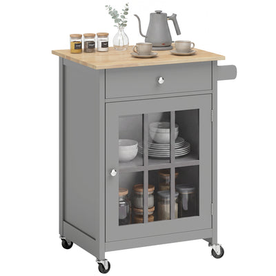Rolling Kitchen Cart with Drawer and Glass Door Cabinet, Kitchen Island on Wheels with Towel Rack, Dark Grey